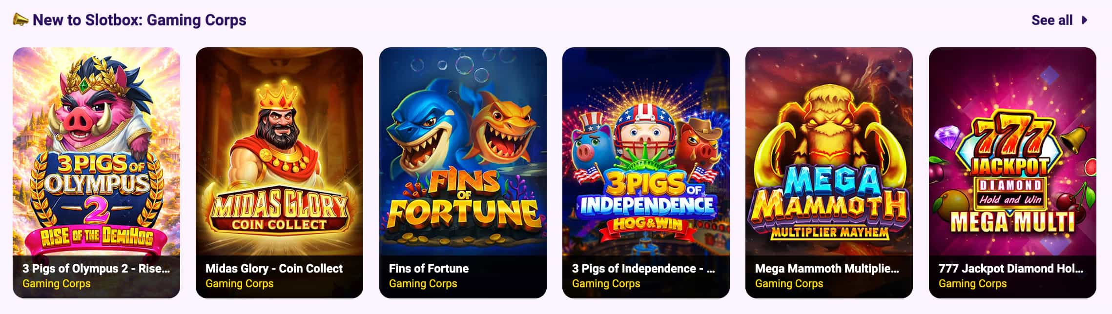 Slotbox game categories covering slots, live dealer tables, jackpots and game shows
